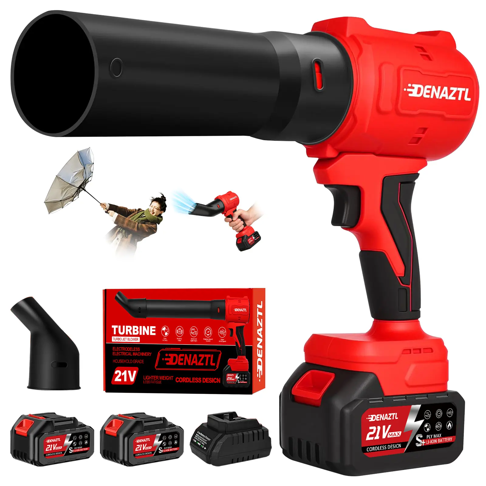 Denaztl 21V Cordless Leaf Blower, Lightweight Turbo Jet Blower with 2x 4.0Ah Batteries & Extended Tube for Lawn & Patio