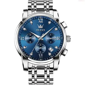 OLEVS Watch OLEVS Men Watches with Date Bussiness Watches for Male Luminous Quartz Mens Watches Waterproof with Stainless Steel Strap Stopwatch Timing Function (Silver Band Blue dial)