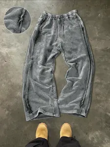 Men's Young Street Style Cotton Jogger Pants, Loose Fit Wide Leg, Elastic Waist Knit Sportswear, Washed Cotton Fabric, Exposed Seam Design