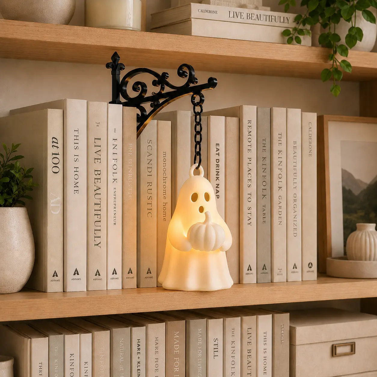Hanging Ghost Bookshelf Decor with Pumpkin, Gothic Shelf Ornament with Decorative Bracket and Warm Glow, Space-Saving Halloween Gift for Book Lovers and Reading Nooks