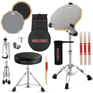 5Core Drum Throne Adjustable Guitar Stool Padded Seat + Drum Practice Pad Snare Drumming Stand - DS CH BLK + DPAD COMBO GREY
