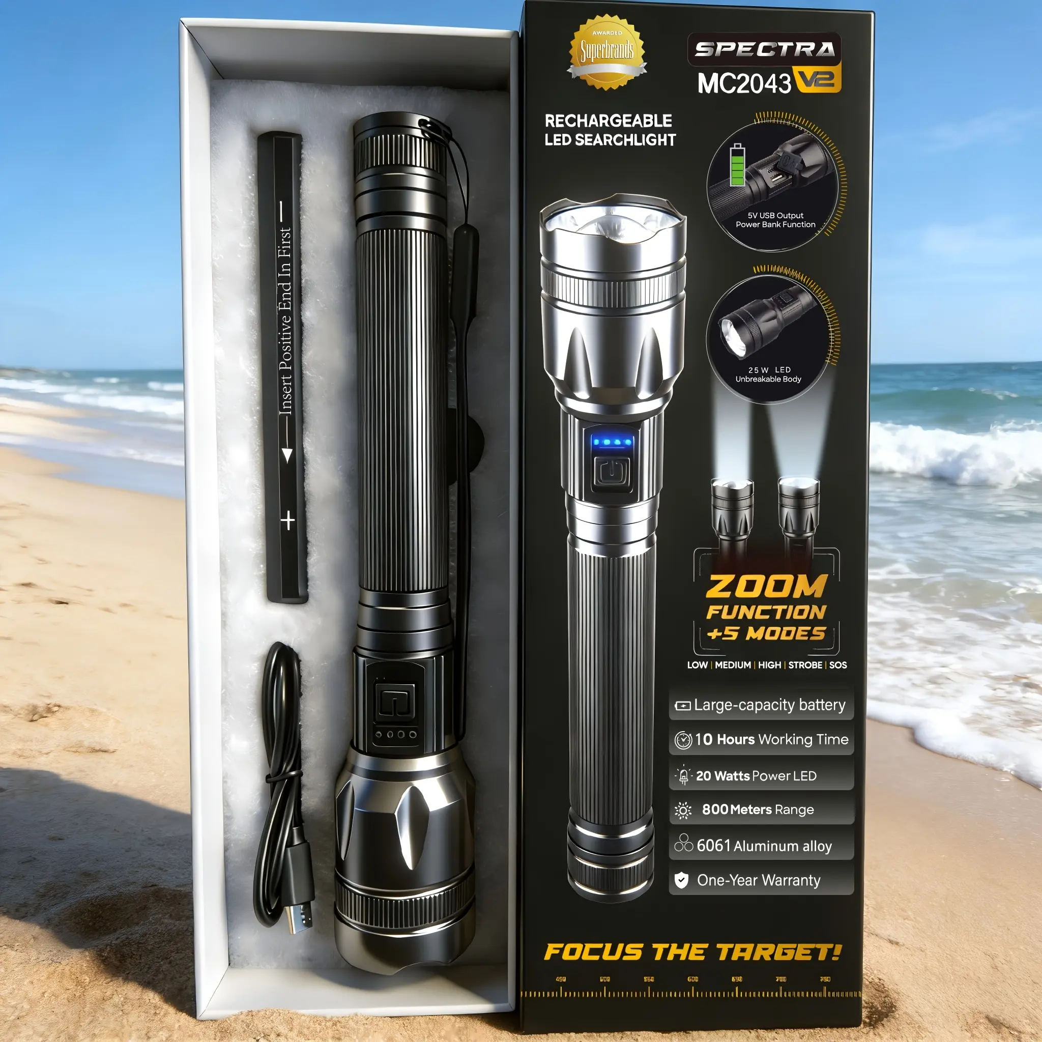 4000LM High Power Flashlight P70 Super Bright USB-C Rechargeable LED Flashlight With 5 Modes, Aluminum Alloy, Varnished End, 18650 Lithium Battery, Adjustable Beam For Tactical Use, Camping, Hiking, Security, And Emergency, IP65
