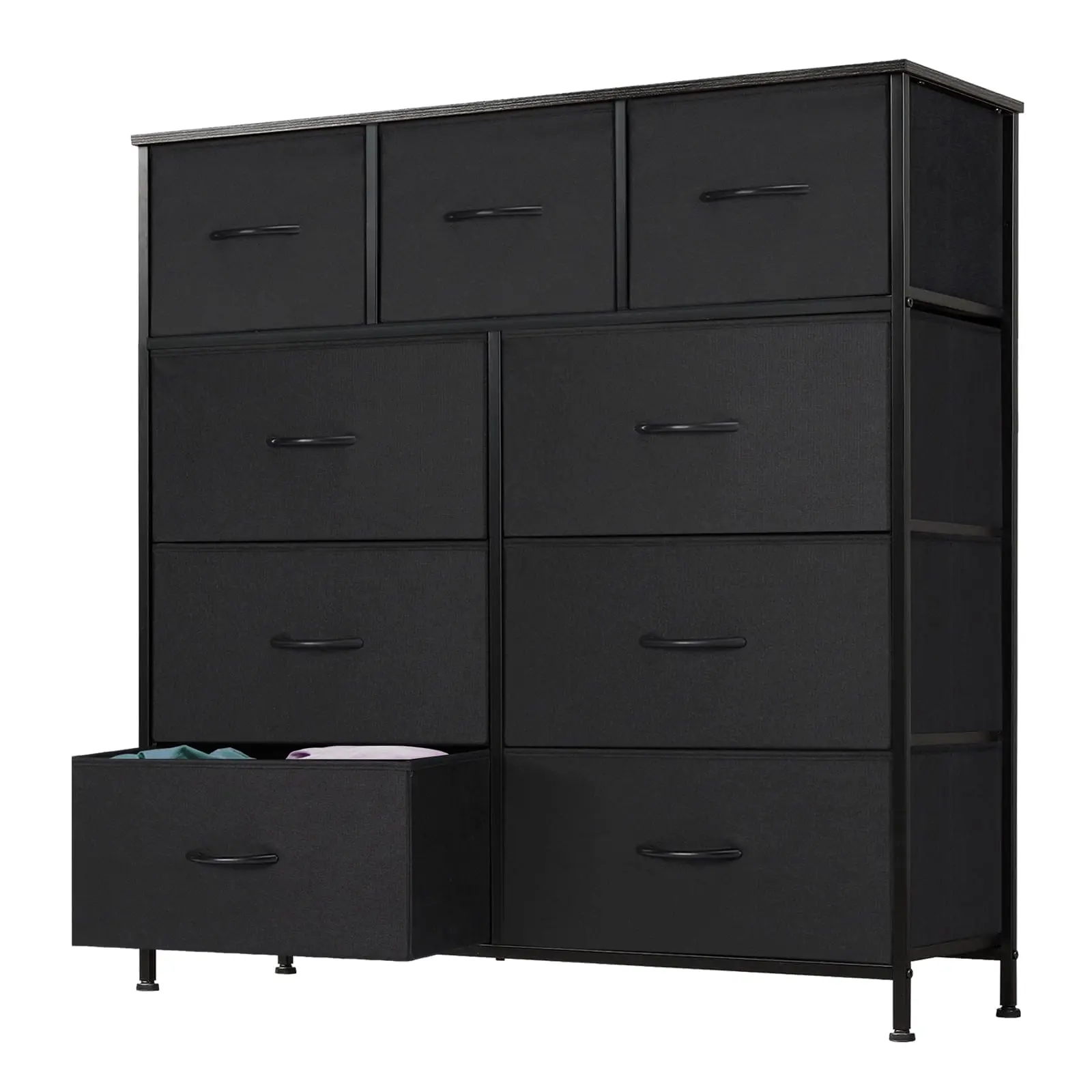 EDX 9-Drawer Fabric Dresser with Wood Top - Wide Chest of Drawers Storage Tower for Bedroom, Living Room, Black