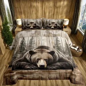 Grizzly Bear Bedding Set,Hunting Wild Animal Comforter Set,Rustic Farmhouse Cabin Bedding Comforter Set,Western Country Quilt Bed Set