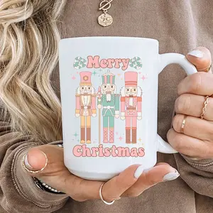 Pink Christmas Nutcracker Coffee Mug, Cute Merry Christmas Coffee Cup, Pastel Christmas Mug, Pink Nutcracker Trio Retro Christmas Mug
