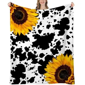 Sunflower Gifts for Women, Cow Sunflower Blanket, Birthday Gifts for Women Mom Daughter Sister Sunflowers Gift Ideas, Cow Print Stuff, Sunflowers Throw Blanket, 60x50-280GSM