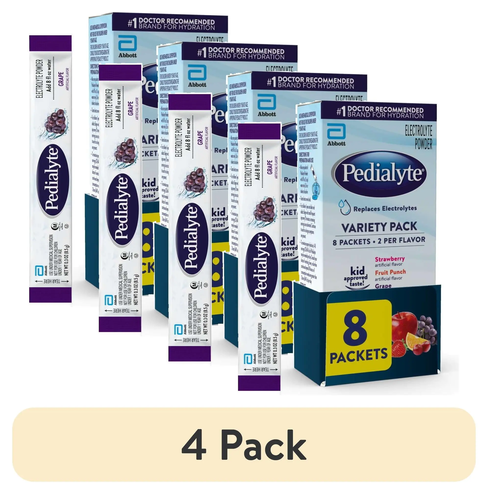 (4 pack) Pedialyte Electrolyte Powder, Electrolyte Drink, Variety Pack, Powder Sticks, 0.3 oz, 8 Count