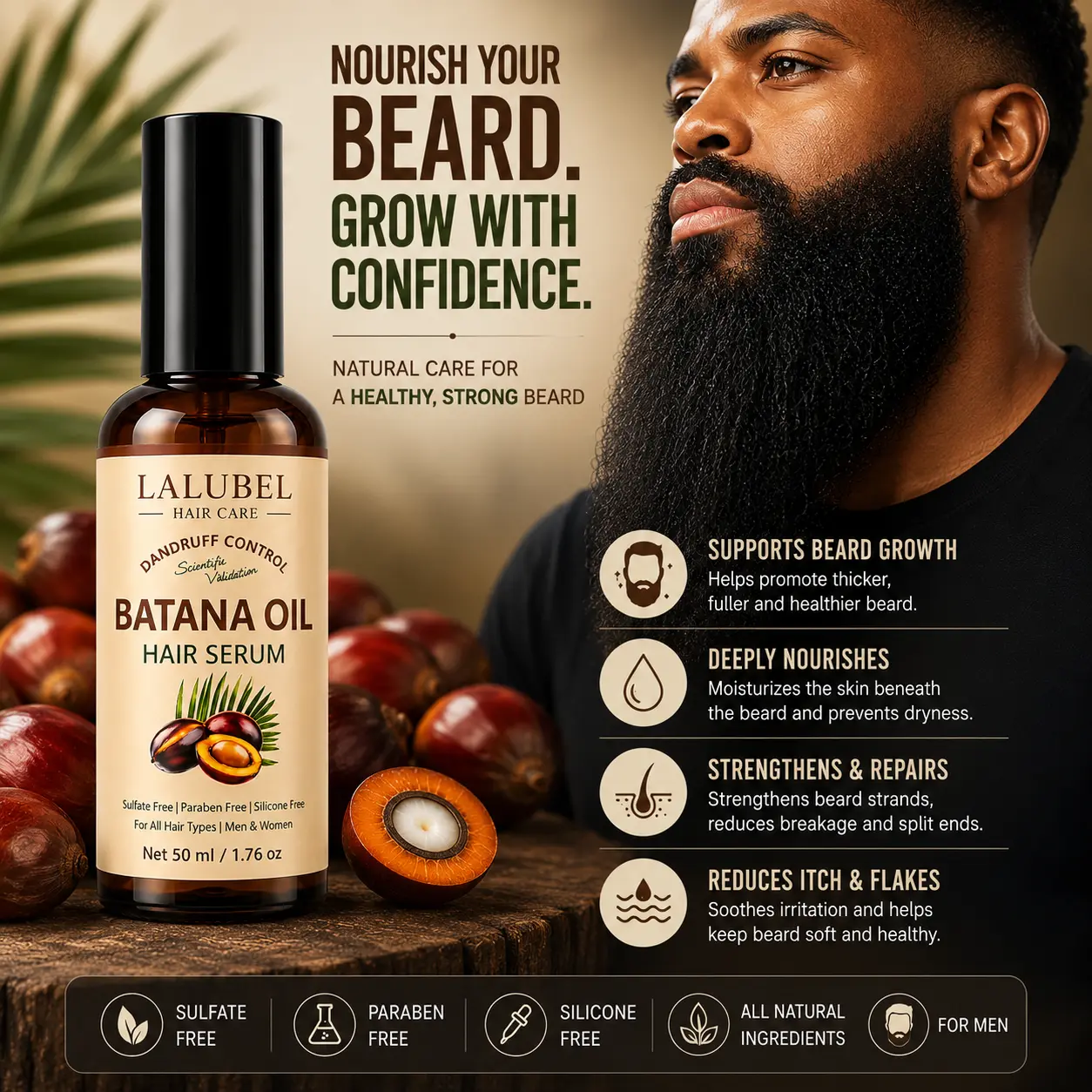 LALUBEL Batana Oil Hair Serum for Men & Women – Nourishing Hair & Beard Oil, Supports Fuller Looking Beard, Moisturizes Dry Scalp & Hair, Sulfate Free Formula, 1.76 oz essential Anti-Grey Lightweight leave-in serum