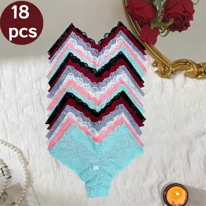 QQ 18-Pack Women's Floral Lace Underwear Set - Assorted Colors, Soft Stretch Fabric, Sexy & Comfortable Briefs with Delicate Bow Accents for Everyday Wear & Casual Outings Womenswear Panties