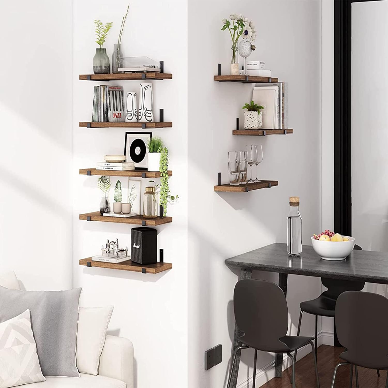 Premium Live-Edge Elm Wood Floating Shelves with Refined Edging--Crafted from rustic solid elm wood, these heavy-duty floating shelves feature invisible brackets for a seamless display