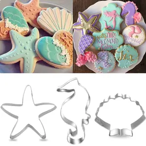 3count Seahorse Starfish Seashell Cookie Cutter Mold Under The Sea Mermaid Birthday Party Decoration DIY Cake Biscuit Baking Tool