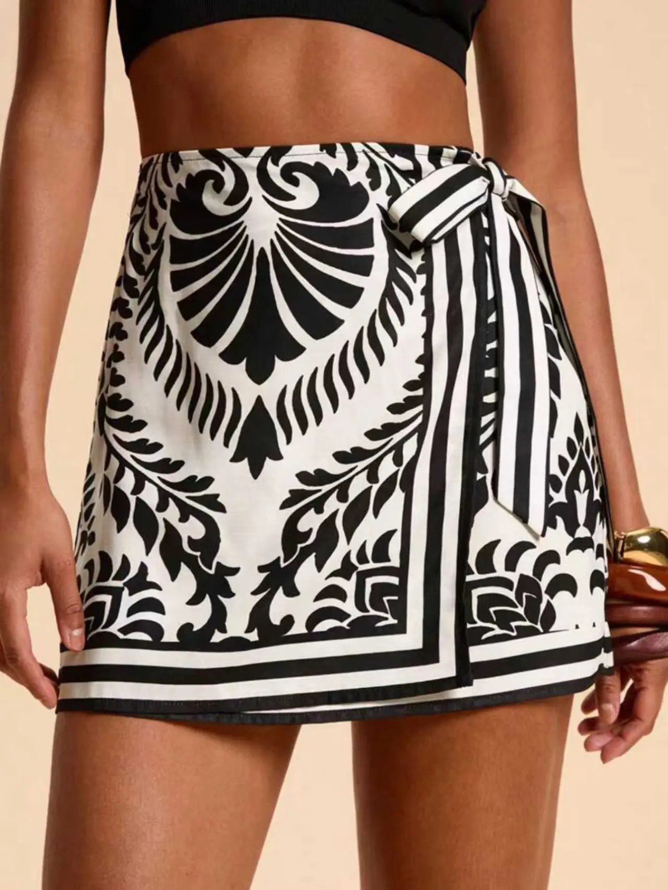 Women's Vacation Style Plant Print Side Tie Short Mini Skirt Er020, Fashionable Summer, Lightweight & Comfortable Design, Summer Casual Skirt