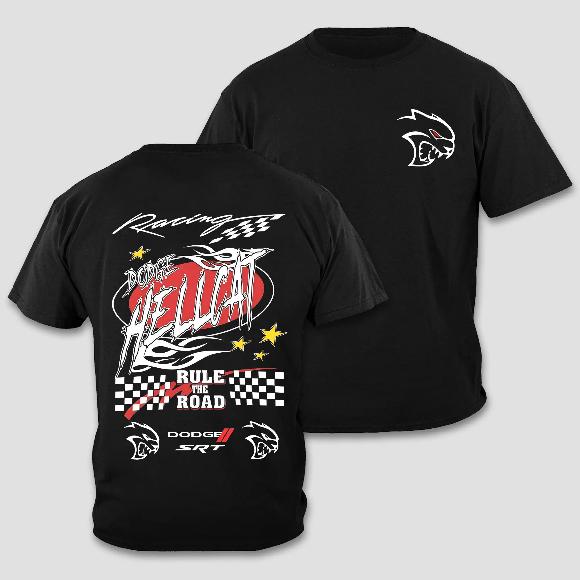 Dodge Hellcat T-Shirt, Classic Hellcat Emblem Front Chest Print, Rule The Road Racing Graphic Top, Retro SRT Checkered Flag Shirt, American Muscle Car Machinery Gear, Street Racing Workwear, Men Women Short Sleeve Black Cotton Apparel Gift For Car Lover