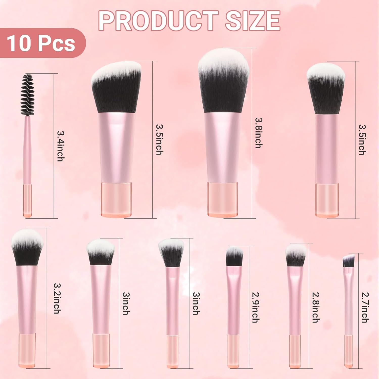 10 Pcs Mini Travel Makeup Brush Set with Pouch, Foundation, Eyeshadow, Blush, Highlighter, Angled Brow & Mascara Brushes - Soft Synthetic Fiber Brushes for On-The-Go & Daily Makeup