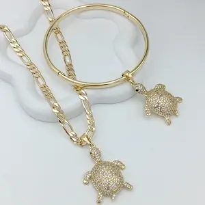 Yordy 14k Gold-Plated Turtle Set Figaro Chain & Smooth Bracelet with Turtle Charm for Women Elegant Unisex Jewelry