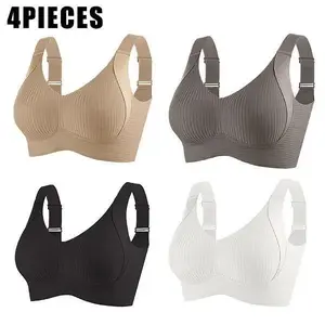 Muse Theory Soft Comfortable BreathableMinimalist Ribbed Seamless Lingerie 4PCS Women's Solid Four-breasted AdjustableWireless Bra Wire-Free Support with Adjustable Straps for DailyWear & All Seasons Theory