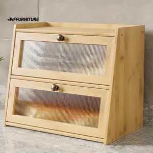 Hot selling styles Double Layer Large Bamboo Bread Box for Kitchen Counter, Wooden Large Capacity Bread Storage Bin with Window Bread Holder