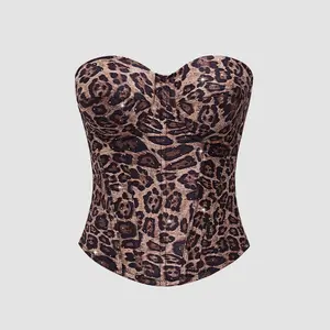 Nightclub Party Sexy Female Camis Women Crop Tube Corset Tops leopard Women Sleeveless Vintage Solid Jacquard Low Cut Sexy Cropped Women Tank Tops Backless Fishbone Cami Clubwear Tube Tank Halter Top