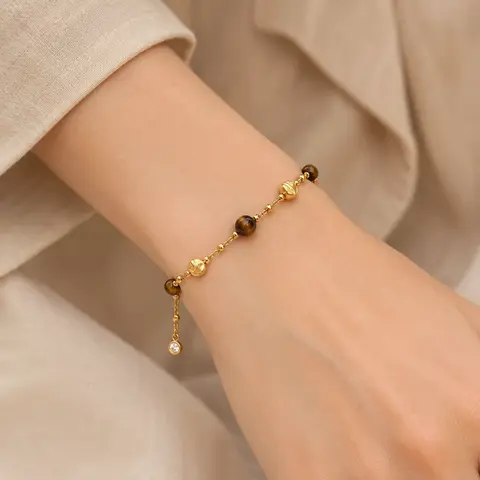 Women's Fashion 18K Gold-Plated Copper Alloy Retro Gold Beads Jewelry Set - 15.7in Adjustable Collarbone Necklace, Golden Tone Bracelet, Lightweight Single Set for Daily Wear