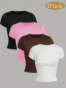 Girls' solid color round neck simple basic top 4-piece set, comfortable and slimming, versatile style, suitable for parties, vacations and play, machine washable and dry cleanable, girls' clothing