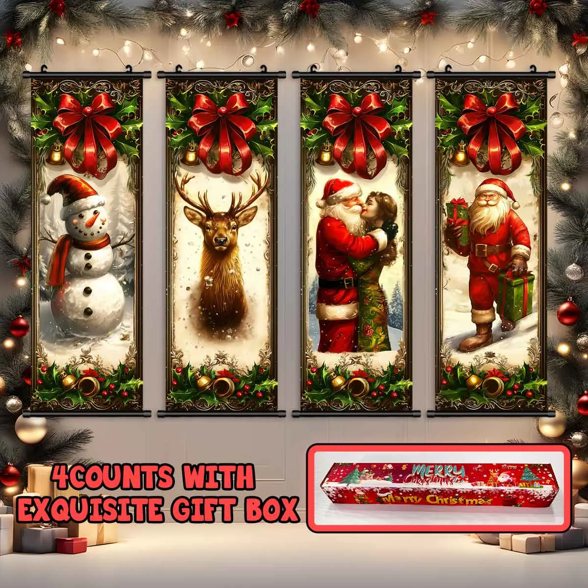 4-Piece Christmas Wall Art Set, Snowy Background Holiday Posters, Modern Home Decor, Waterproof HD Prints, Gift Box Included