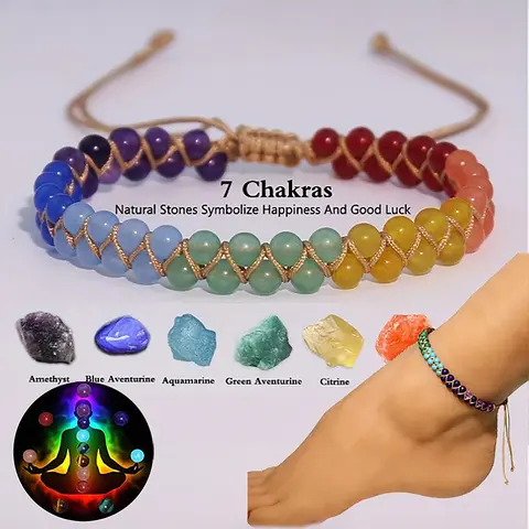 Natural Lapis Lazuli Crystal Anklet, Ankle Bracelets, Seven Chakra Braided Hand Rope Jewelry, Symbolic Gift for Friends with Spiritual Happiness and Good Luck Healing Crystals