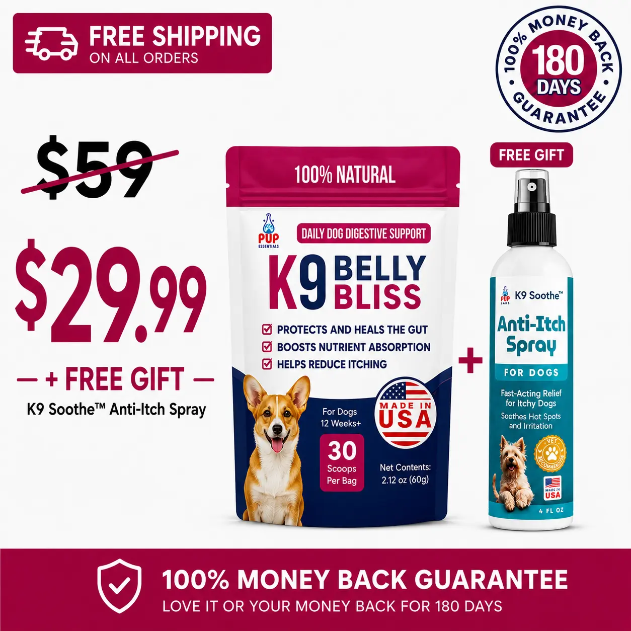 Pup Labs K9 Belly Bliss 3-Pronged Defense Dog Digestive Support with L-Glutamine N-Acetyl D Glucosamine & Prebiotics for Gut Health