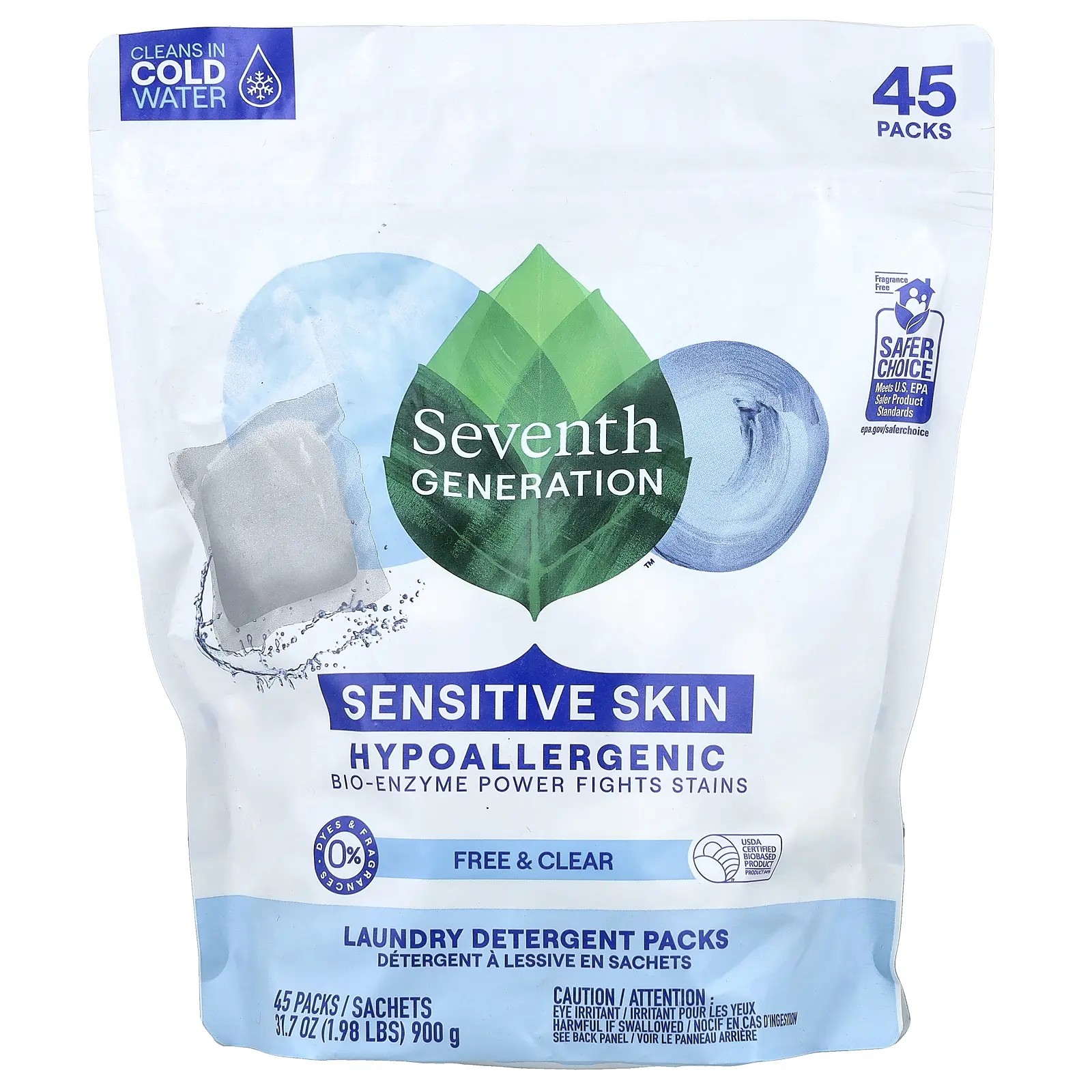 Seventh Generation Laundry Detergent Packs, Free & Clear, Fragrance Free, 45 Packs, 1.98 lbs (900 g)