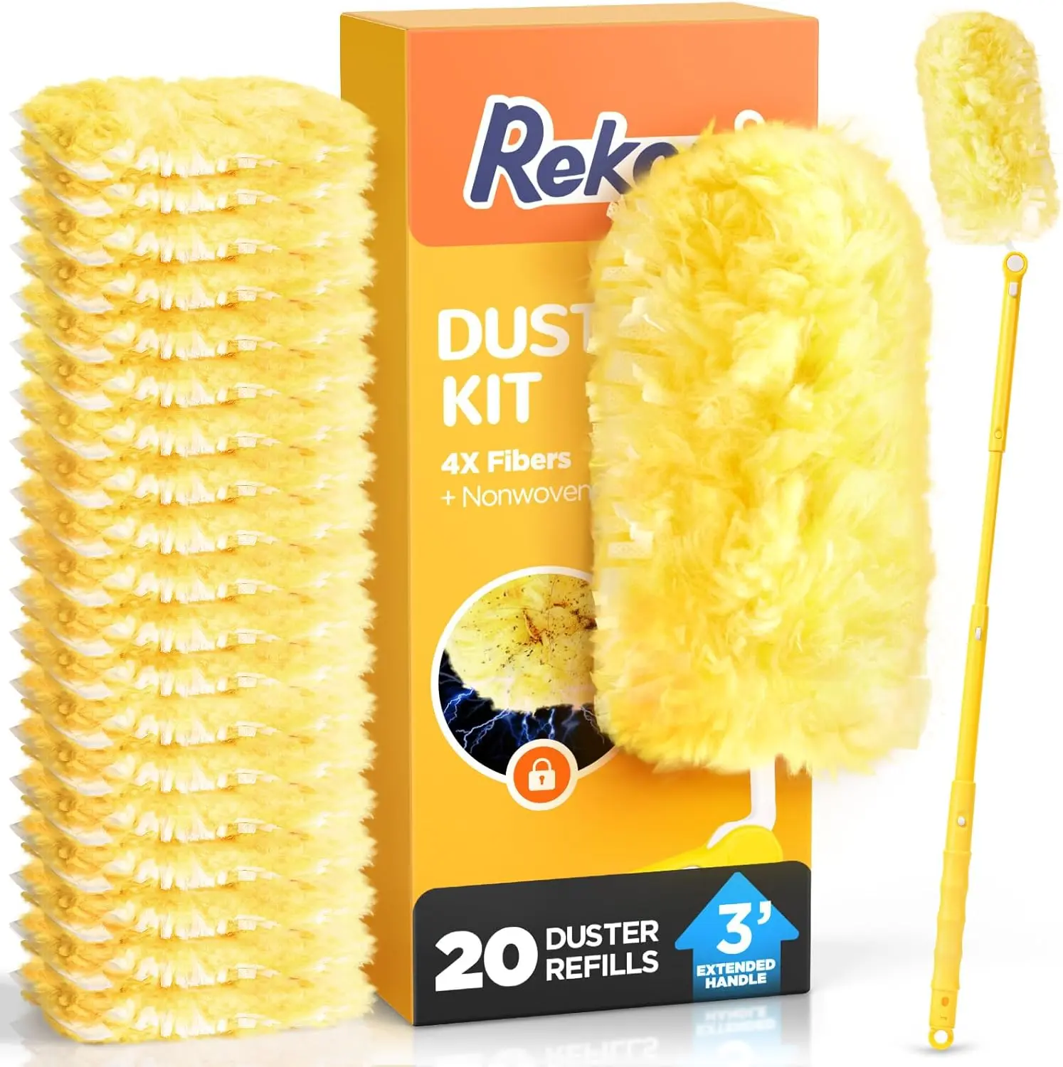 Heavy Duty Duster Refill Kit Compatible with Swiffer, 3FT Extension Pole and 20 Duster Refills