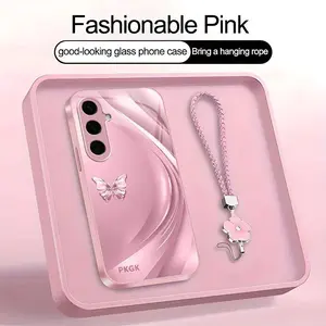 Suitable for [Galaxy S24] high-end women's phone case🥰，a beautiful four-leaf clover lanyard is included🍀，minimalist, sophisticated butterfly pattern，drop-resistant and fingerprint-resistant YM99