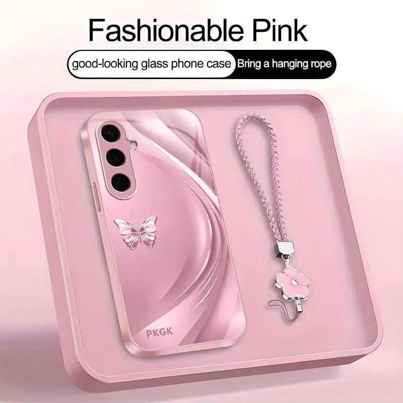 Suitable for [Galaxy S24] high-end women's phone case🥰，a beautiful four-leaf clover lanyard is included🍀，minimalist, sophisticated butterfly pattern，drop-resistant and fingerprint-resistant YM99