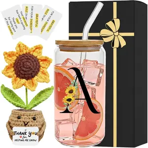 MNZZ 2 in 1 Personalized Glass Drinking Cup and Emotional Support Crochet Office Desk Sunflower Decor Women Paraprofessional Admin Day Coworker Friend Gifts Social Worker Teacher A