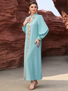 Middle Eastern Fashion Casual Home Water Drill Long Sleeve Fitted Elegant Dress, Stylish Women's Clothing, Perfect for Daily Wear & Special Occasions