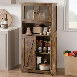 50in Tall Bathroom Cabinet, Farmhouse Storage Cabinet with Glass Doors and Adjustable Shelves, Freestanding Kitchen Pantry Cabinets, Cupboard for Living Room, Dining Room, Rustic Brown, island desk