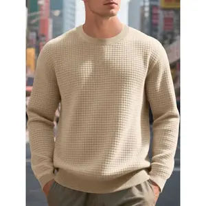Men's Waffle Knit Sweatshirt, Fall New Arrival, Simple Round Neck Design, Soft Skin-Friendly Fabric, Casual Versatile Style