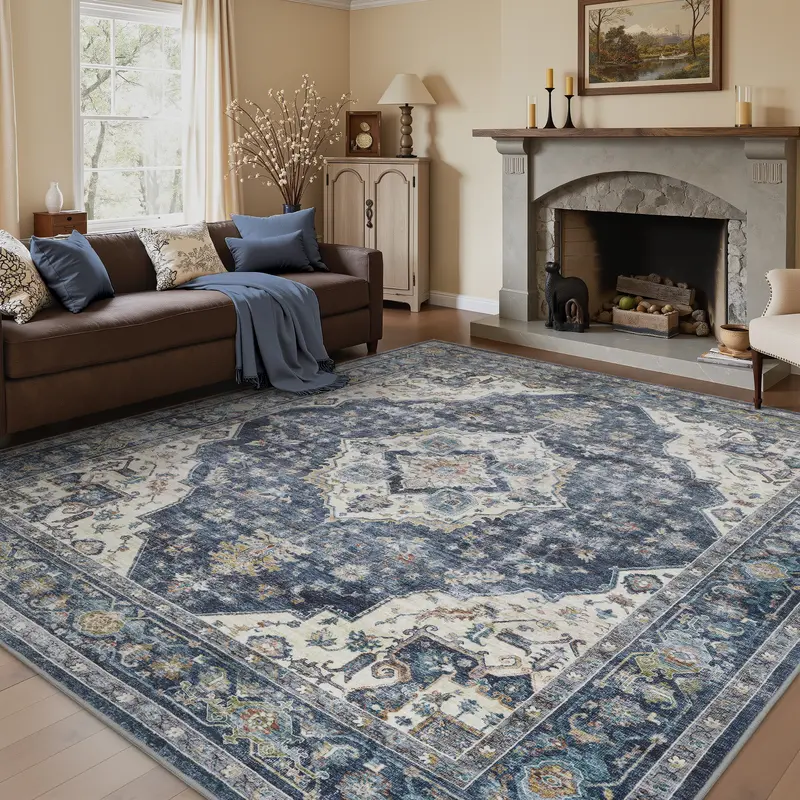 MontVoo Vintage Medallion Rug, Retro Distressed Design, Washable Non-Slip Area Rug, Farmhouse Aesthetic Home Decor for Living Room, Bedroom