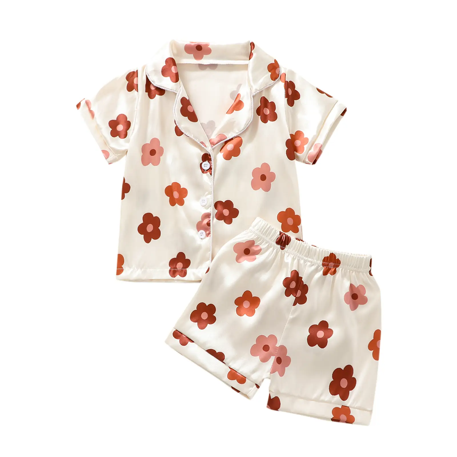 Kid Child Girl Silk Pyjama Set Floral Short Sleeve Lapel Collar Button Down Top Elasticated Waist Shorts Sleepwear Matching Pjs