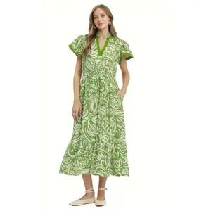 Umgee Green Paisley Print Midi Dress with Side Pockets