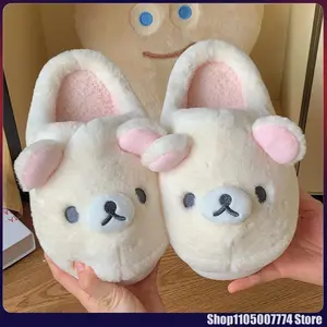 Kawaii Cute Bear Rilakkumas Wearing Cotton Shoes Outside Flat Closed-Toe Mules Cartoon Cute Home Shoes Winter Couple'S Shoes