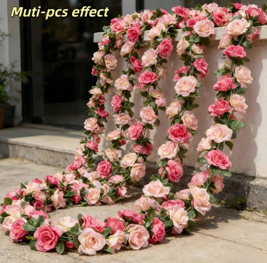 2PCS Extra Long Artificial Pink Spring Rose Vine Garland, Realistic Faux Flower Hanging Vine for Wedding Arch, Wall, Door, Window, Party, Valentine's Day, Mother's Day, Garden & Home Decor