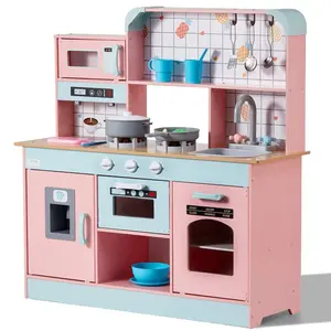 fathersdaygift VEVOR Play Kitchen for Kids, Wooden Toy Kitchen Set with Lights and Sounds, Toddler Kitchen with Ice Maker, Oven, Sink, Microwaves, Fridge and Utensil and Fruit Accessory for Toddlers ages 3-8, Pink