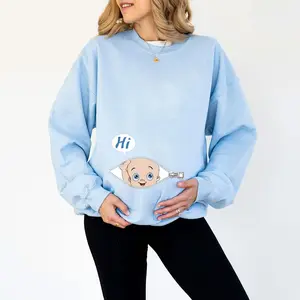 [Made In USA] Pregnant Mom Sweatshirt, Funny Pregnancy Shirt, Hi Baby Zipper Belly Peek Design Sweater, Cute Maternity Shirt for Expecting Moms, Perfect Baby Announcement or Gender Reveal Gift