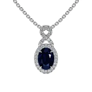 Oval Cut Blue Sapphire Twist Halo Pendant (1.17cttw)- PBS002-7X5-AA