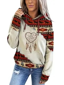 Women's Ethnic Pattern Patchwork Geometric Horse Print Drawstring Hoodie with Pockets, Tops, Casual Long Sleeve Drop Shoulder Hooded Sweatshirt for DailyHoliday Outdoor Wear, Ladies Clothes for All Seasons