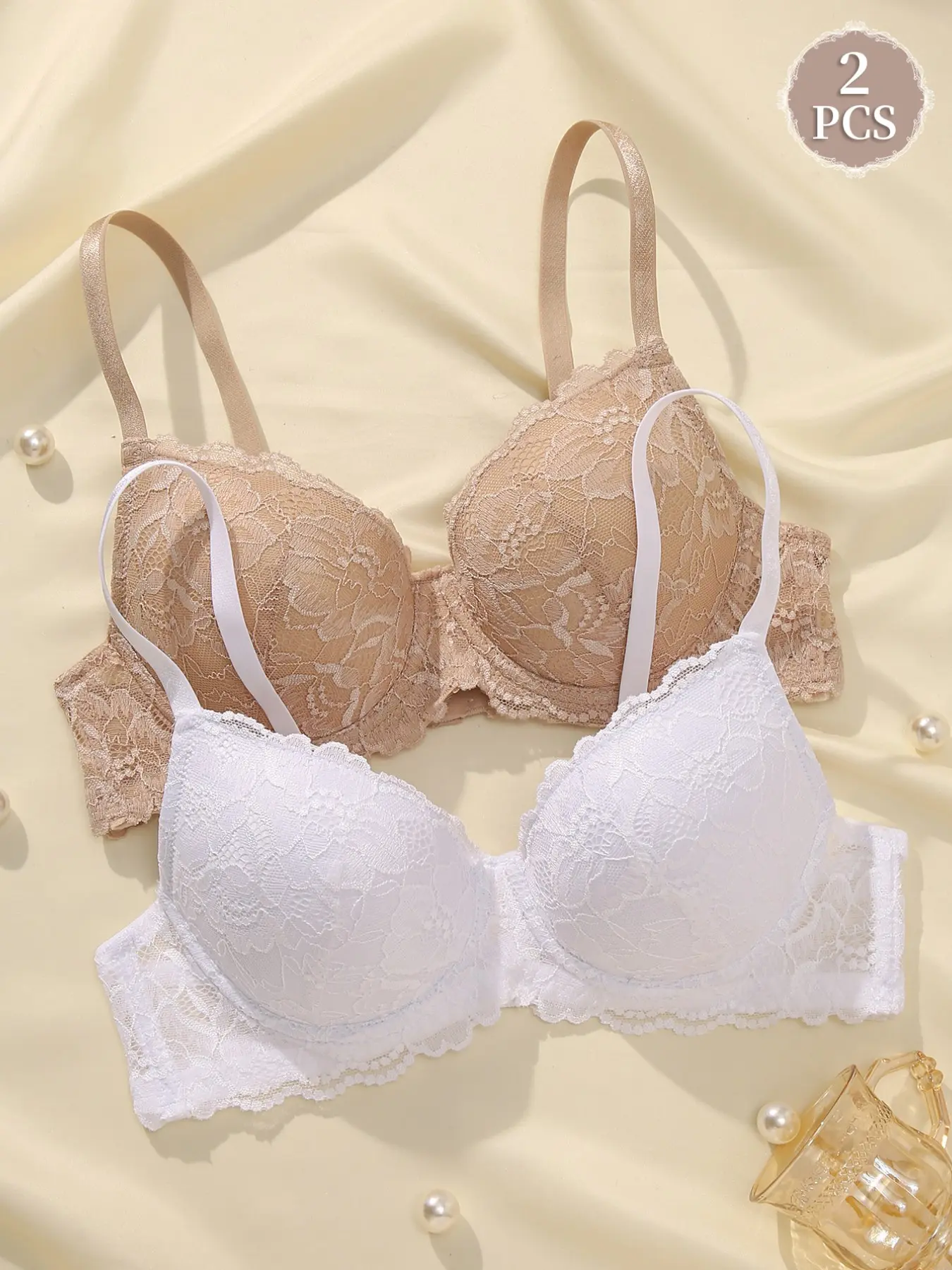 2PCS Women's Feminine Lace Underwire Push-Up Bra Underwire Lift Anti‑sagging Lace back Breathable Bra Adjustable Straps, Lingerie, Valentine's Day, Dates& Everyday Wear, Floral Push Up