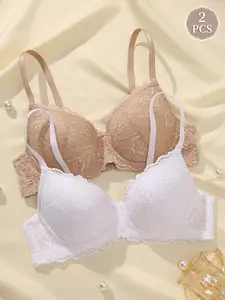 2PCS Women's Feminine Lace Underwire Push-Up Bra Underwire Lift Anti‑sagging Lace back Breathable Bra Adjustable Straps, Lingerie, Valentine's Day, Dates& Everyday Wear