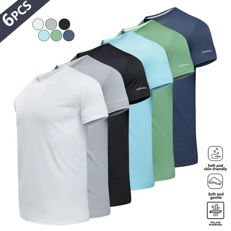 Life Keeps Moving Men's Solid Color Fitness Sports Short Sleeve T-Shirt 6-Pack Ultra-Lightweight Quick-Dry Breathable Crew Neck Tee for Gym Running All-Season Wear