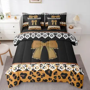 Cartoon Bowknot Comforter Set with Sheets 7 Piece Cute Cheetah Bow Tie Bed in a Bag Kids Boys Girls White Lace Bedding Set Damask Brown Leopard Print Bedroom Decor Breathable Soft