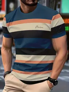 Men's Letter Stripe Printed T-Shirt, Simple Round Neck Short Sleeve, Summer Casual Fashion Streetwear, Daily Wear Sportswear, Athletic Activewear