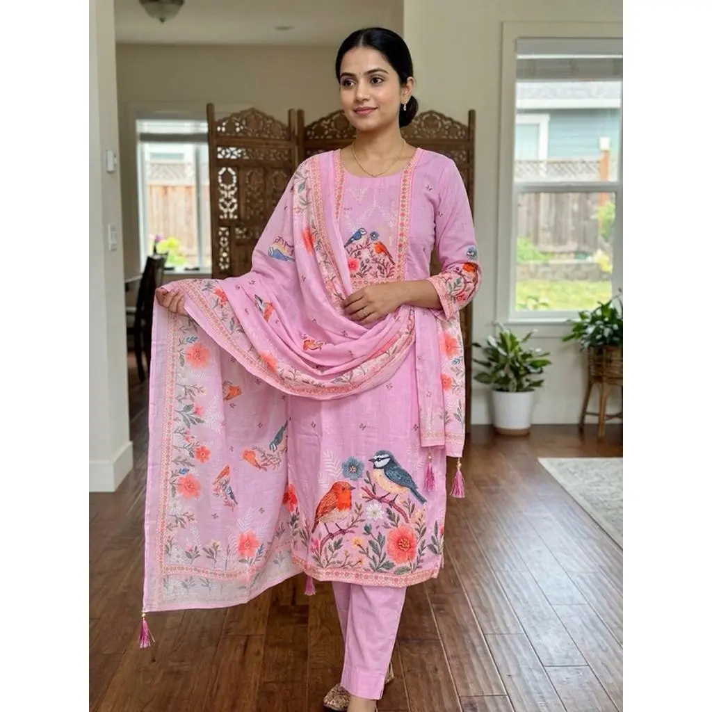 Women's Bird and Floral Print Kurta Set with Dupatta Elegant Three-Piece Outfit Ethnic Wear Trousers and Casual Kurti Set Traditional Festive Wear M-38” L-40” XL-42” XXL-44”